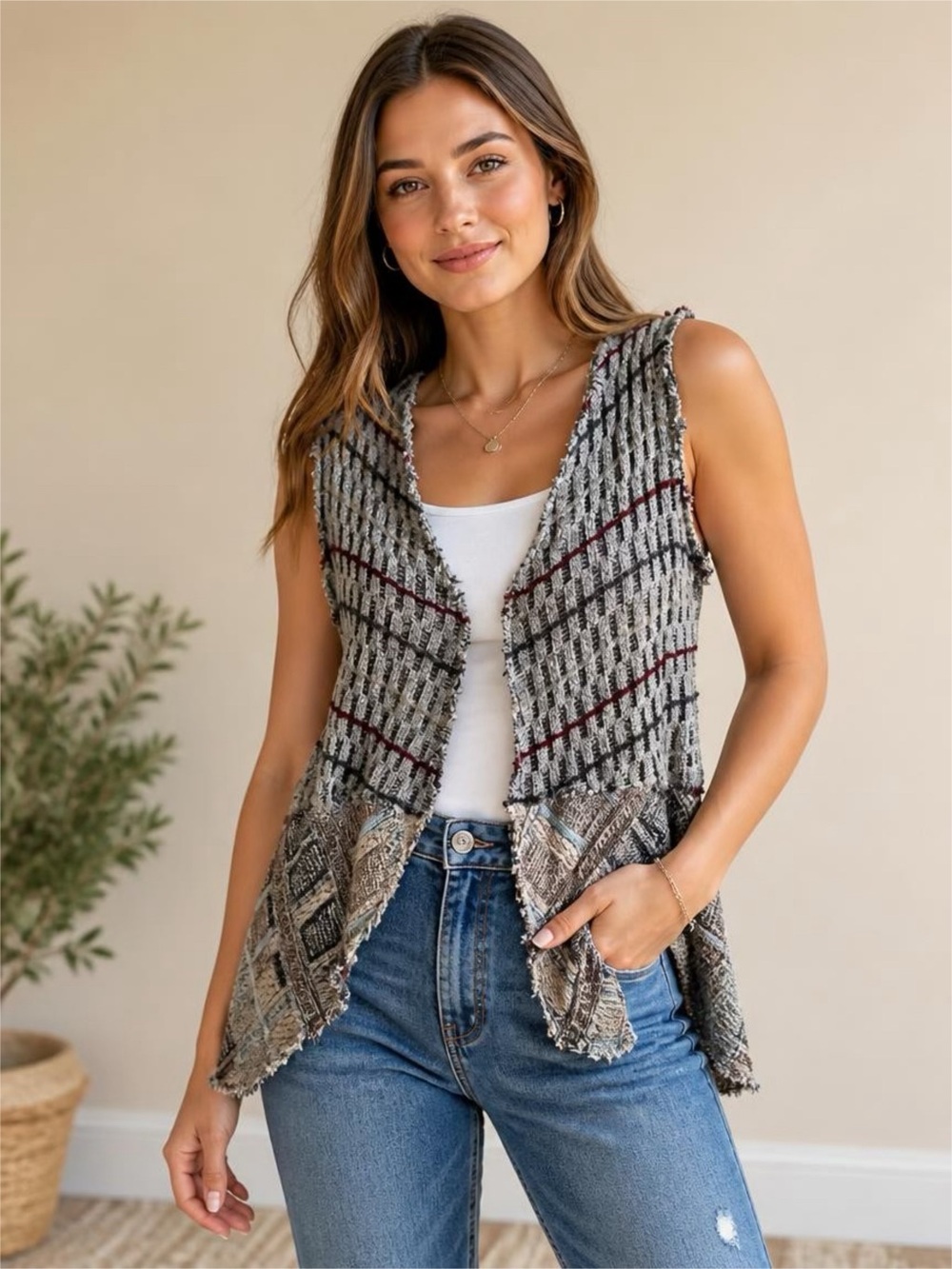 BKE Gray Tweed Open-Front Fringe Vest with Burgundy Stripes